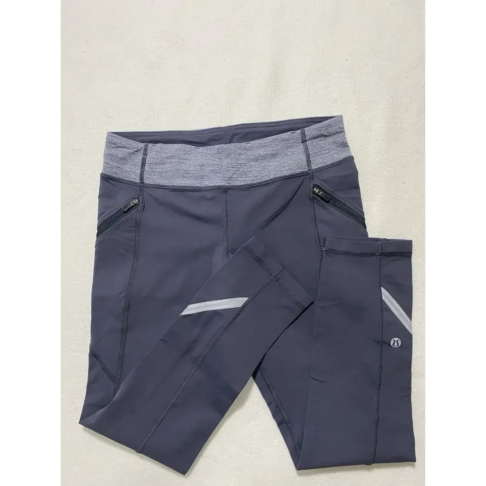 Lululemon Gray Running Capri Leggings Size 6 | Zip Pockets & Reflective Trim